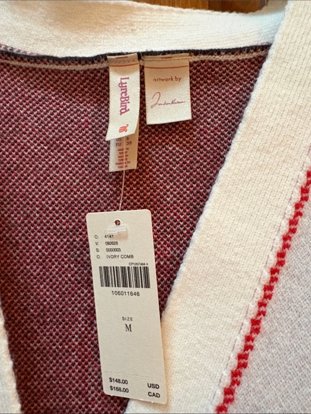 Anthropologie Cream Cardigan with Red Trim and Black Script Accents - Picture 2 of 4